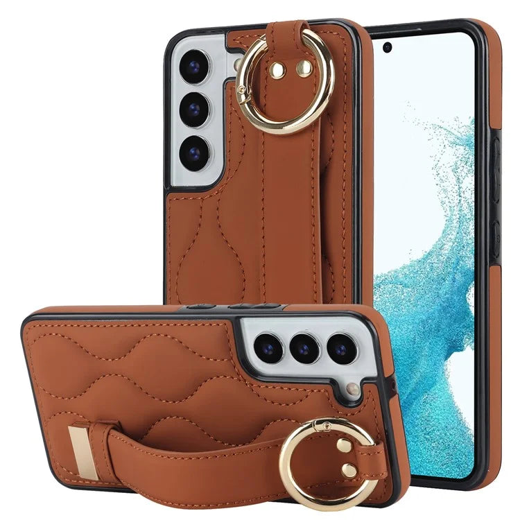 For Samsung Galaxy S22+ 5G Cell Phone Case Wristband Kickstand Drop Resistant Wave Pattern Cover