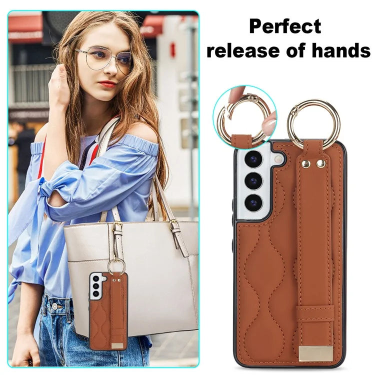 For Samsung Galaxy S22+ 5G Cell Phone Case Wristband Kickstand Drop Resistant Wave Pattern Cover