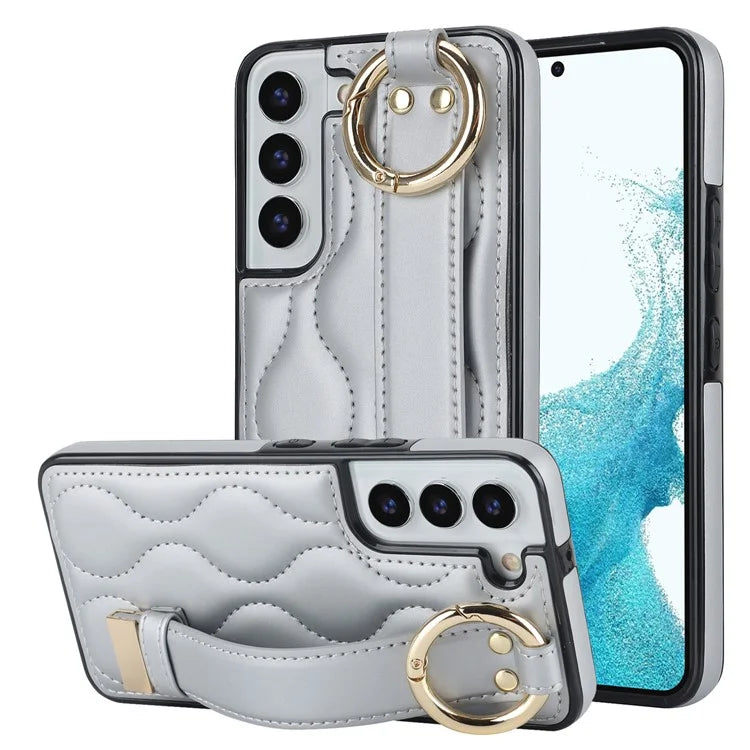 For Samsung Galaxy S22+ 5G Cell Phone Case Wristband Kickstand Drop Resistant Wave Pattern Cover