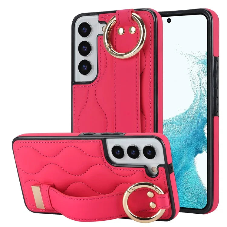For Samsung Galaxy S22+ 5G Cell Phone Case Wristband Kickstand Drop Resistant Wave Pattern Cover