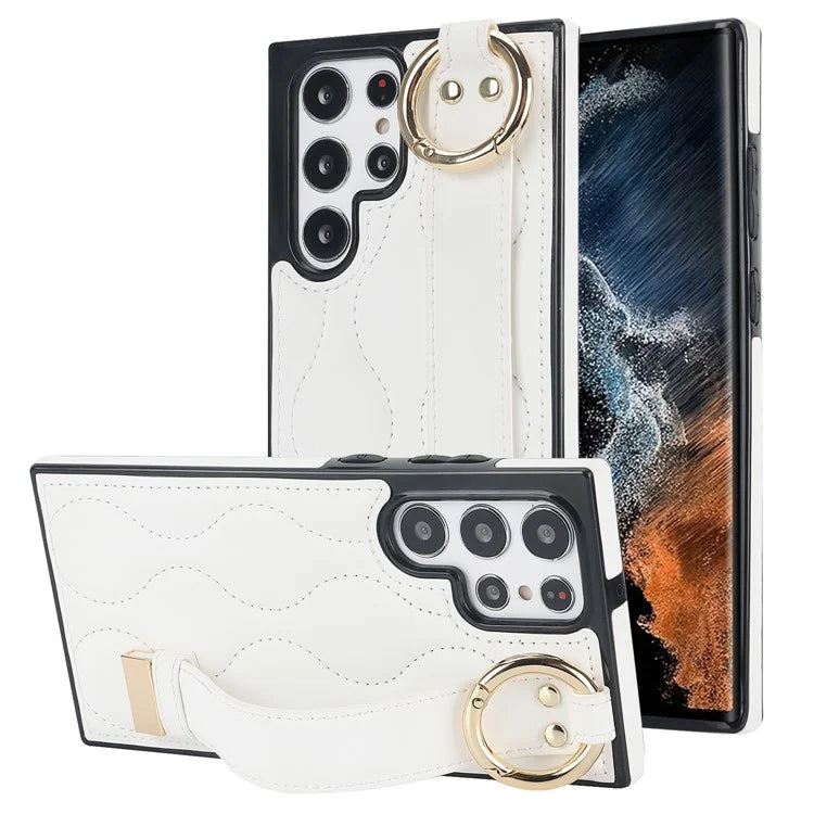 For Samsung Galaxy S22 Ultra 5G Case PU Leather+TPU Wristband Kickstand Drop-proof Phone Cover
