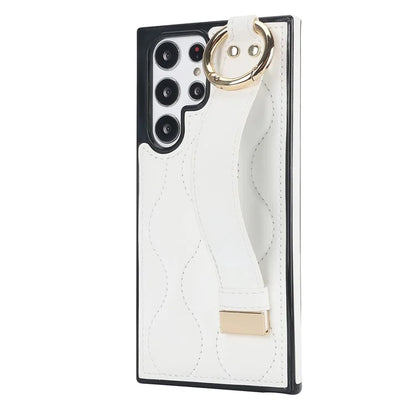For Samsung Galaxy S22 Ultra 5G Case PU Leather+TPU Wristband Kickstand Drop-proof Phone Cover
