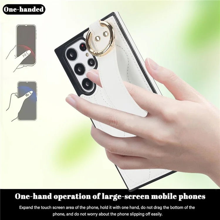 For Samsung Galaxy S22 Ultra 5G Case PU Leather+TPU Wristband Kickstand Drop-proof Phone Cover