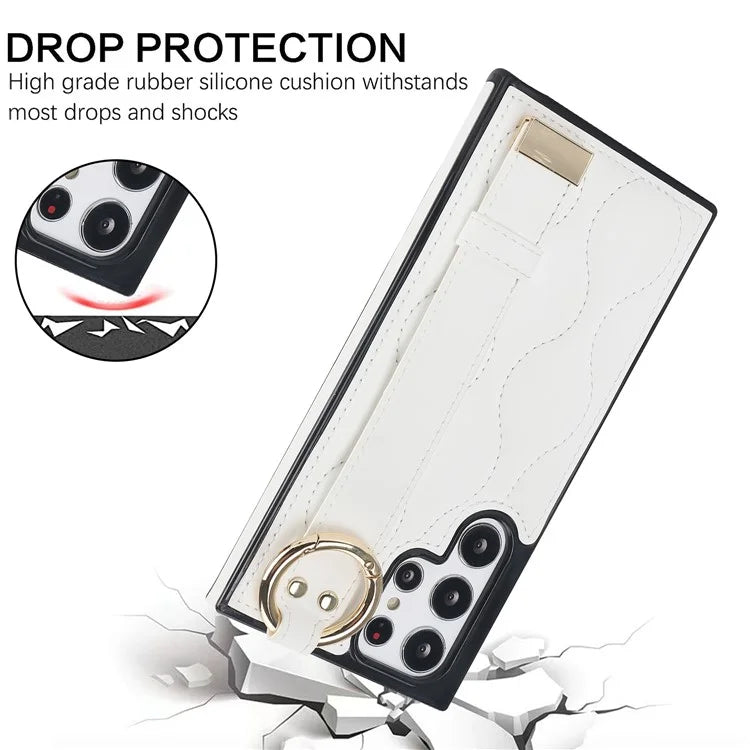 For Samsung Galaxy S22 Ultra 5G Case PU Leather+TPU Wristband Kickstand Drop-proof Phone Cover