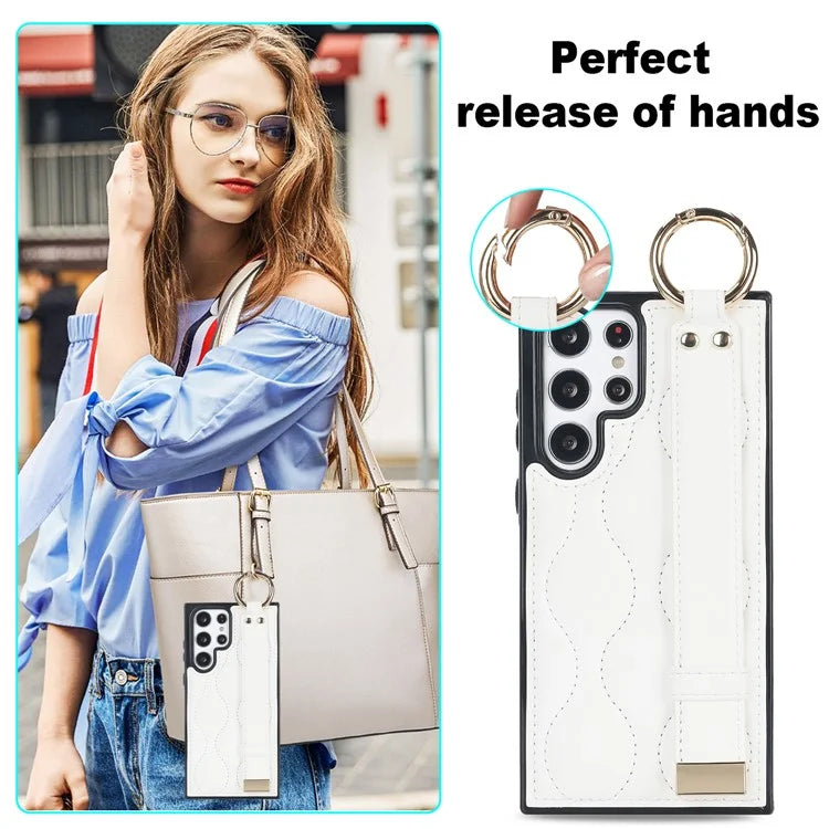 For Samsung Galaxy S22 Ultra 5G Case PU Leather+TPU Wristband Kickstand Drop-proof Phone Cover