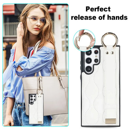 For Samsung Galaxy S22 Ultra 5G Case PU Leather+TPU Wristband Kickstand Drop-proof Phone Cover