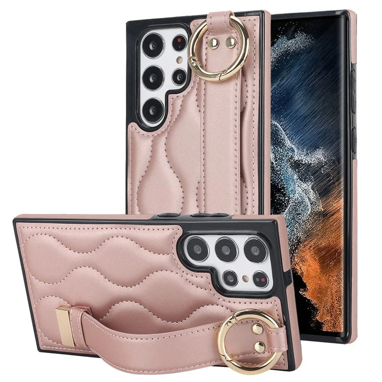 For Samsung Galaxy S22 Ultra 5G Case PU Leather+TPU Wristband Kickstand Drop-proof Phone Cover
