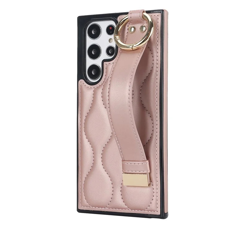 For Samsung Galaxy S22 Ultra 5G Case PU Leather+TPU Wristband Kickstand Drop-proof Phone Cover