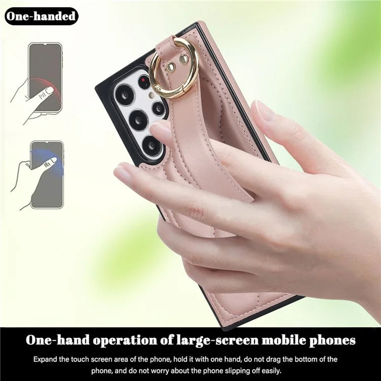 For Samsung Galaxy S22 Ultra 5G Case PU Leather+TPU Wristband Kickstand Drop-proof Phone Cover