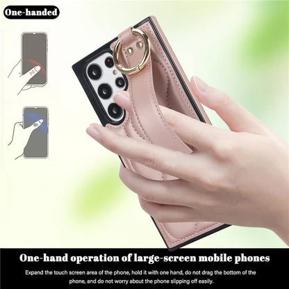 For Samsung Galaxy S22 Ultra 5G Case PU Leather+TPU Wristband Kickstand Drop-proof Phone Cover