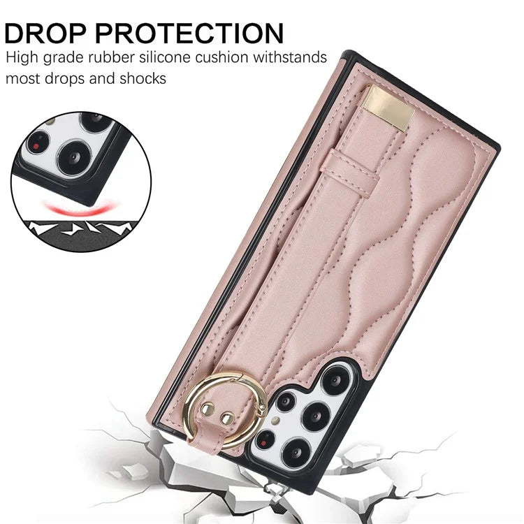 For Samsung Galaxy S22 Ultra 5G Case PU Leather+TPU Wristband Kickstand Drop-proof Phone Cover