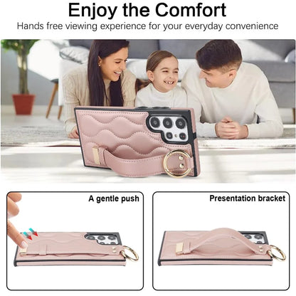 For Samsung Galaxy S22 Ultra 5G Case PU Leather+TPU Wristband Kickstand Drop-proof Phone Cover