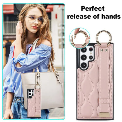 For Samsung Galaxy S22 Ultra 5G Case PU Leather+TPU Wristband Kickstand Drop-proof Phone Cover