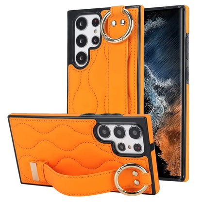 For Samsung Galaxy S22 Ultra 5G Case PU Leather+TPU Wristband Kickstand Drop-proof Phone Cover