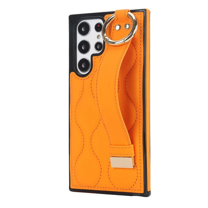For Samsung Galaxy S22 Ultra 5G Case PU Leather+TPU Wristband Kickstand Drop-proof Phone Cover