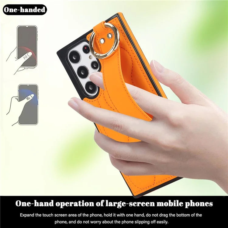 For Samsung Galaxy S22 Ultra 5G Case PU Leather+TPU Wristband Kickstand Drop-proof Phone Cover