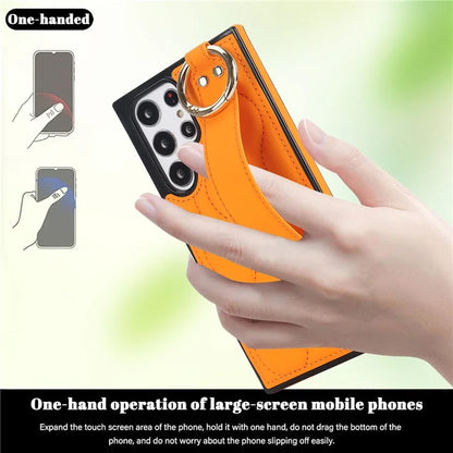 For Samsung Galaxy S22 Ultra 5G Case PU Leather+TPU Wristband Kickstand Drop-proof Phone Cover