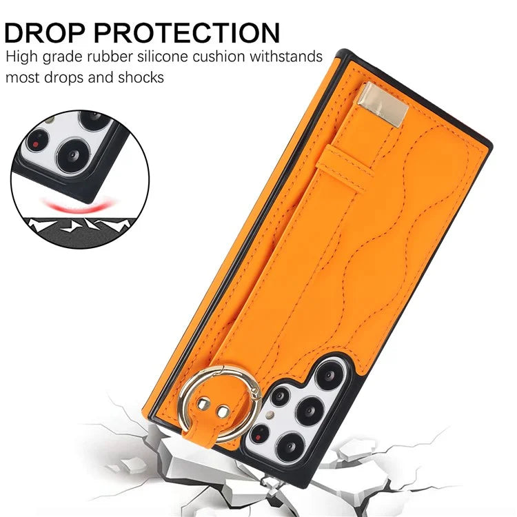 For Samsung Galaxy S22 Ultra 5G Case PU Leather+TPU Wristband Kickstand Drop-proof Phone Cover