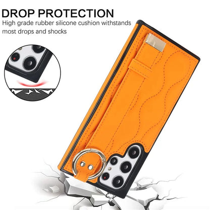 For Samsung Galaxy S22 Ultra 5G Case PU Leather+TPU Wristband Kickstand Drop-proof Phone Cover