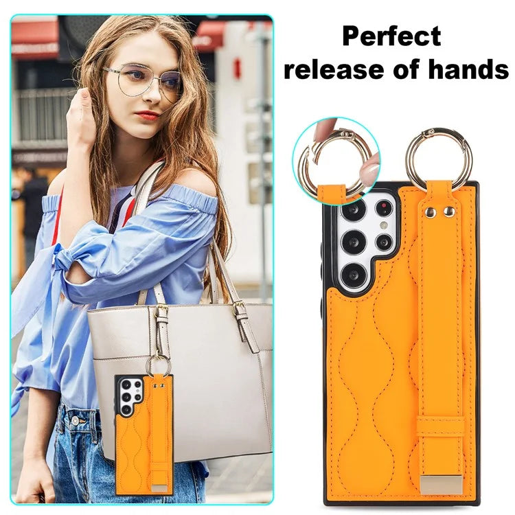 For Samsung Galaxy S22 Ultra 5G Case PU Leather+TPU Wristband Kickstand Drop-proof Phone Cover