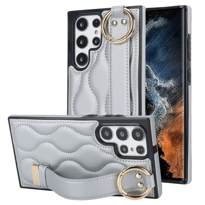 For Samsung Galaxy S22 Ultra 5G Case PU Leather+TPU Wristband Kickstand Drop-proof Phone Cover