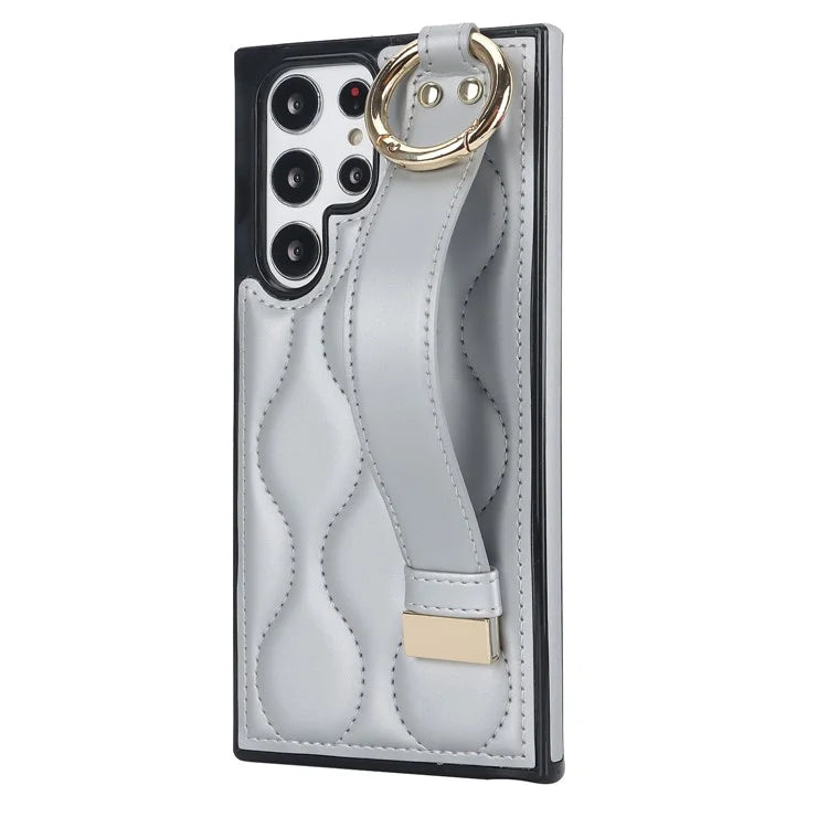 For Samsung Galaxy S22 Ultra 5G Case PU Leather+TPU Wristband Kickstand Drop-proof Phone Cover