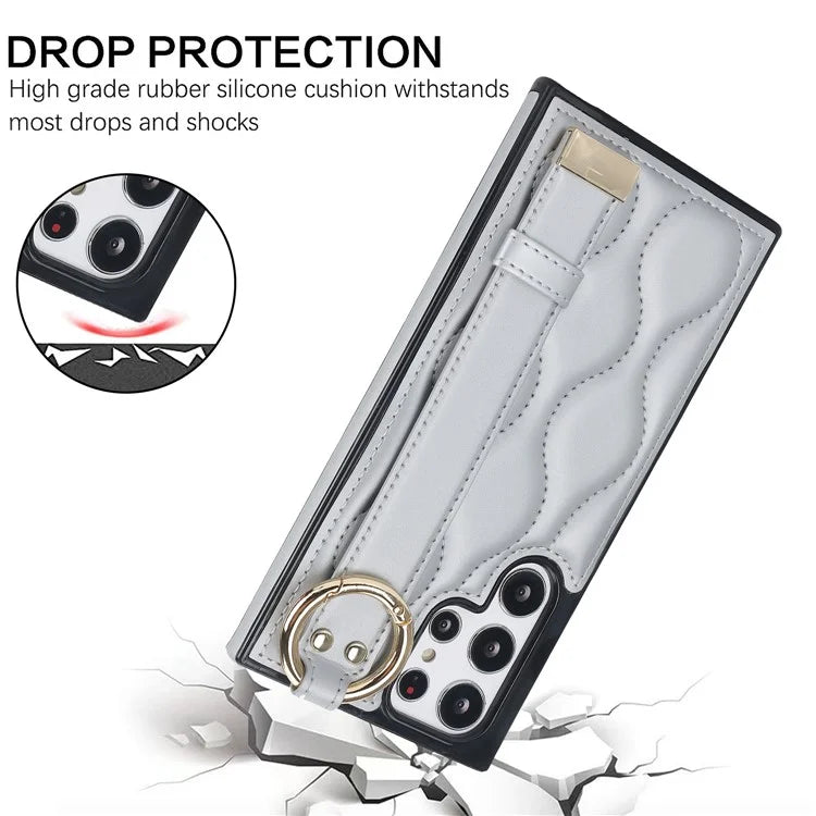 For Samsung Galaxy S22 Ultra 5G Case PU Leather+TPU Wristband Kickstand Drop-proof Phone Cover
