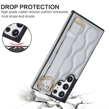For Samsung Galaxy S22 Ultra 5G Case PU Leather+TPU Wristband Kickstand Drop-proof Phone Cover