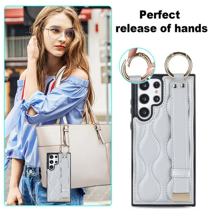 For Samsung Galaxy S22 Ultra 5G Case PU Leather+TPU Wristband Kickstand Drop-proof Phone Cover