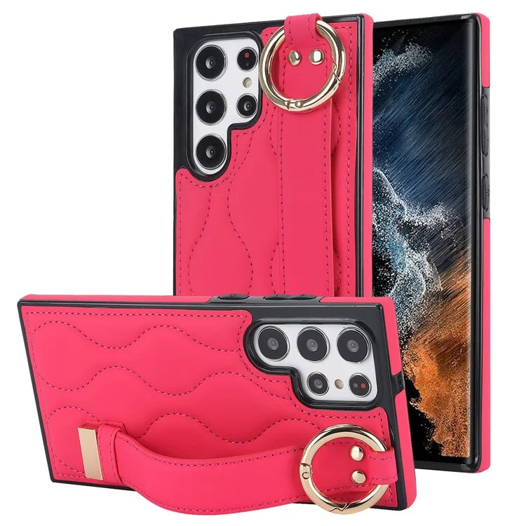 For Samsung Galaxy S22 Ultra 5G Case PU Leather+TPU Wristband Kickstand Drop-proof Phone Cover