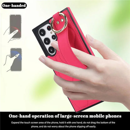 For Samsung Galaxy S22 Ultra 5G Case PU Leather+TPU Wristband Kickstand Drop-proof Phone Cover