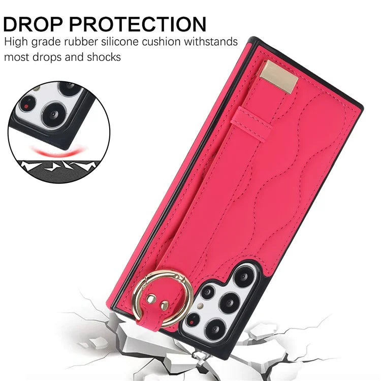 For Samsung Galaxy S22 Ultra 5G Case PU Leather+TPU Wristband Kickstand Drop-proof Phone Cover