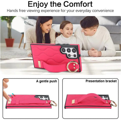 For Samsung Galaxy S22 Ultra 5G Case PU Leather+TPU Wristband Kickstand Drop-proof Phone Cover
