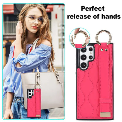 For Samsung Galaxy S22 Ultra 5G Case PU Leather+TPU Wristband Kickstand Drop-proof Phone Cover