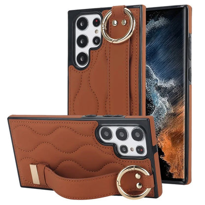 For Samsung Galaxy S22 Ultra 5G Case PU Leather+TPU Wristband Kickstand Drop-proof Phone Cover