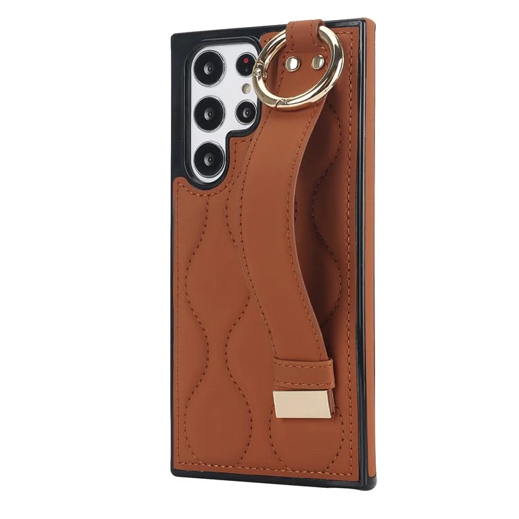 For Samsung Galaxy S22 Ultra 5G Case PU Leather+TPU Wristband Kickstand Drop-proof Phone Cover