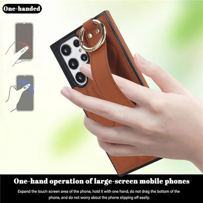 For Samsung Galaxy S22 Ultra 5G Case PU Leather+TPU Wristband Kickstand Drop-proof Phone Cover