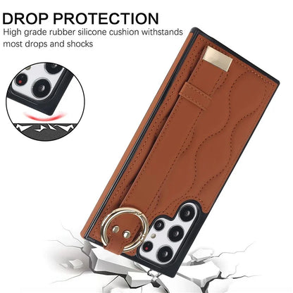 For Samsung Galaxy S22 Ultra 5G Case PU Leather+TPU Wristband Kickstand Drop-proof Phone Cover