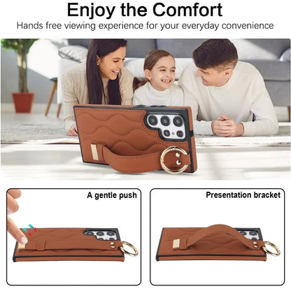 For Samsung Galaxy S22 Ultra 5G Case PU Leather+TPU Wristband Kickstand Drop-proof Phone Cover
