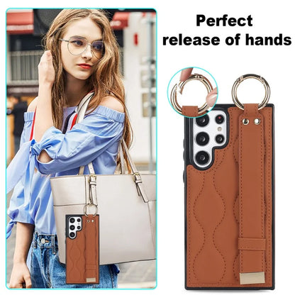 For Samsung Galaxy S22 Ultra 5G Case PU Leather+TPU Wristband Kickstand Drop-proof Phone Cover