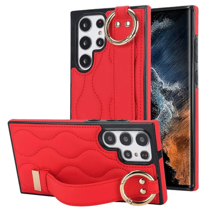 For Samsung Galaxy S22 Ultra 5G Case PU Leather+TPU Wristband Kickstand Drop-proof Phone Cover