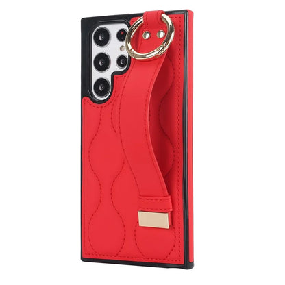 For Samsung Galaxy S22 Ultra 5G Case PU Leather+TPU Wristband Kickstand Drop-proof Phone Cover