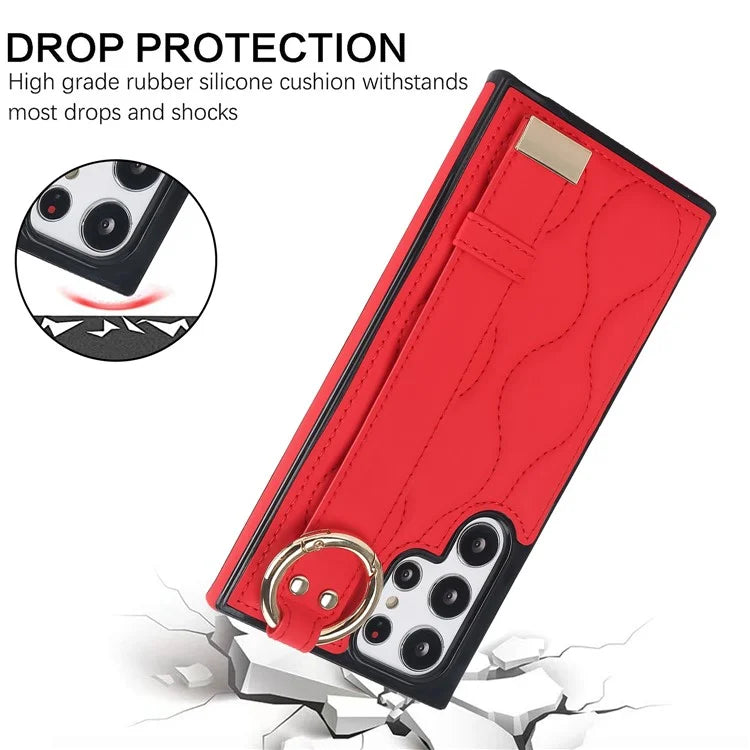 For Samsung Galaxy S22 Ultra 5G Case PU Leather+TPU Wristband Kickstand Drop-proof Phone Cover
