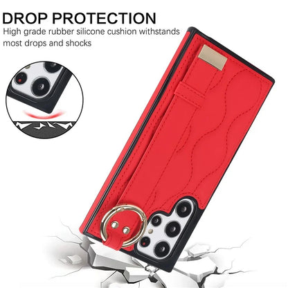 For Samsung Galaxy S22 Ultra 5G Case PU Leather+TPU Wristband Kickstand Drop-proof Phone Cover