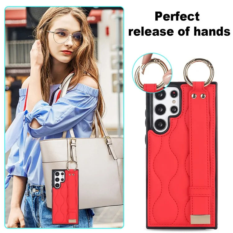 For Samsung Galaxy S22 Ultra 5G Case PU Leather+TPU Wristband Kickstand Drop-proof Phone Cover