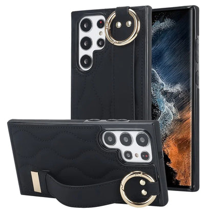 For Samsung Galaxy S22 Ultra 5G Case PU Leather+TPU Wristband Kickstand Drop-proof Phone Cover