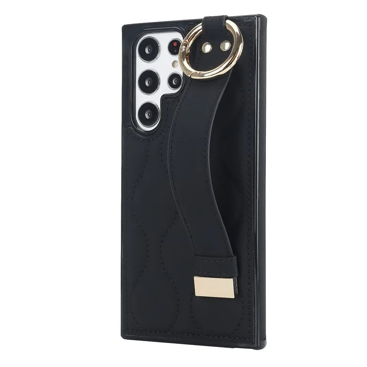 For Samsung Galaxy S22 Ultra 5G Case PU Leather+TPU Wristband Kickstand Drop-proof Phone Cover