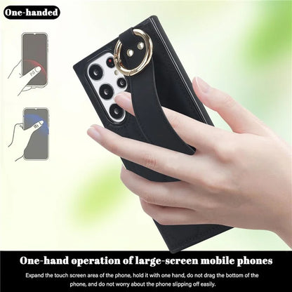 For Samsung Galaxy S22 Ultra 5G Case PU Leather+TPU Wristband Kickstand Drop-proof Phone Cover
