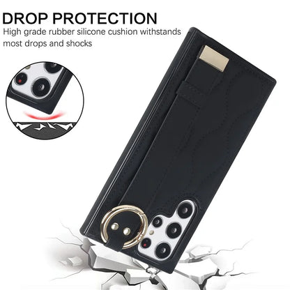 For Samsung Galaxy S22 Ultra 5G Case PU Leather+TPU Wristband Kickstand Drop-proof Phone Cover
