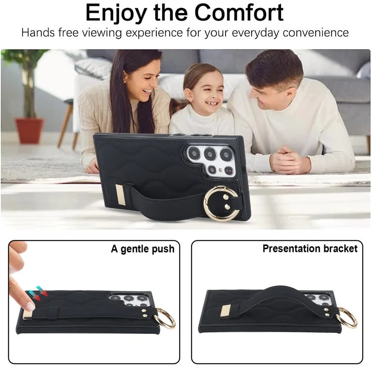 For Samsung Galaxy S22 Ultra 5G Case PU Leather+TPU Wristband Kickstand Drop-proof Phone Cover